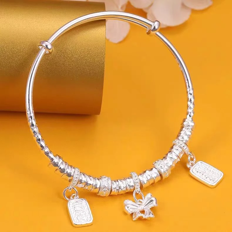 足银手镯 足银万贯盘缠推拉蝴蝶结手镯 062