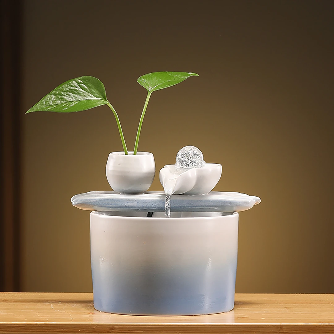 中式陶瓷流水摆件循环流水客厅办公室桌面小型玄关摆件装饰品