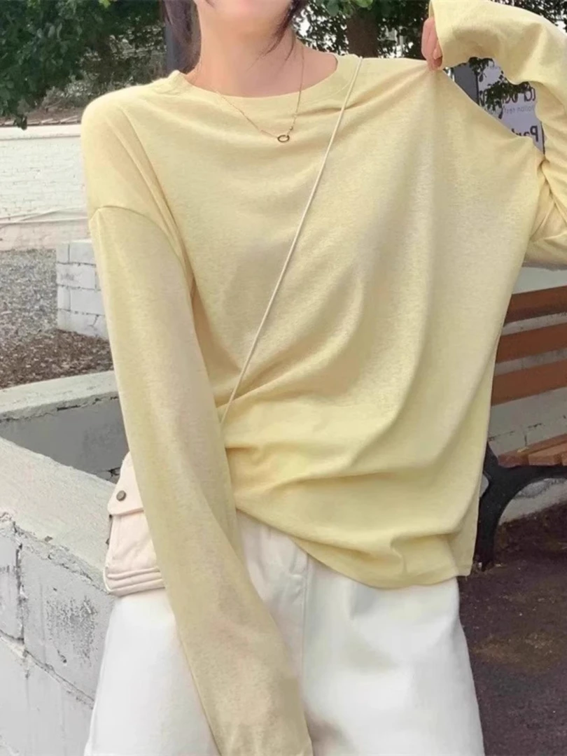 黄色圆领冰丝长袖t恤女夏季宽松慵懒松弛感防晒罩衫薄纱上衣外穿