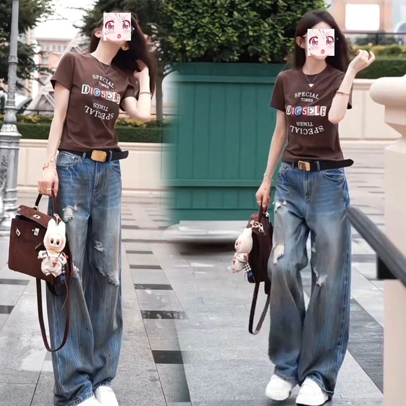 圆领印花短袖t恤高腰窄版阔腿牛仔裤子2025夏显瘦减龄穿搭两件套