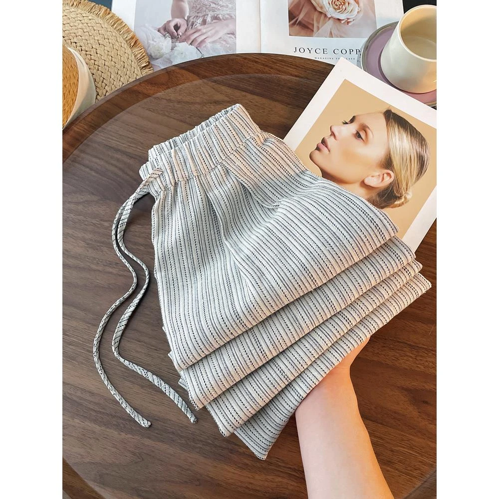 夏季薄款阔腿裤今年流行女士小众设计感裤子黑色条纹宽松长裤