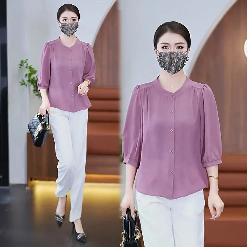 七分袖圆领妈妈装衬衫女春秋新款时尚休闲洋气显瘦遮肚子衬衫气质