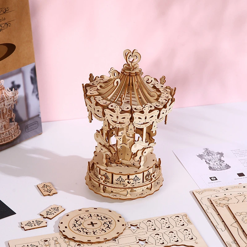 3D立体拼图木制玩具益智拼装积木玩具DIY创意旋转木马