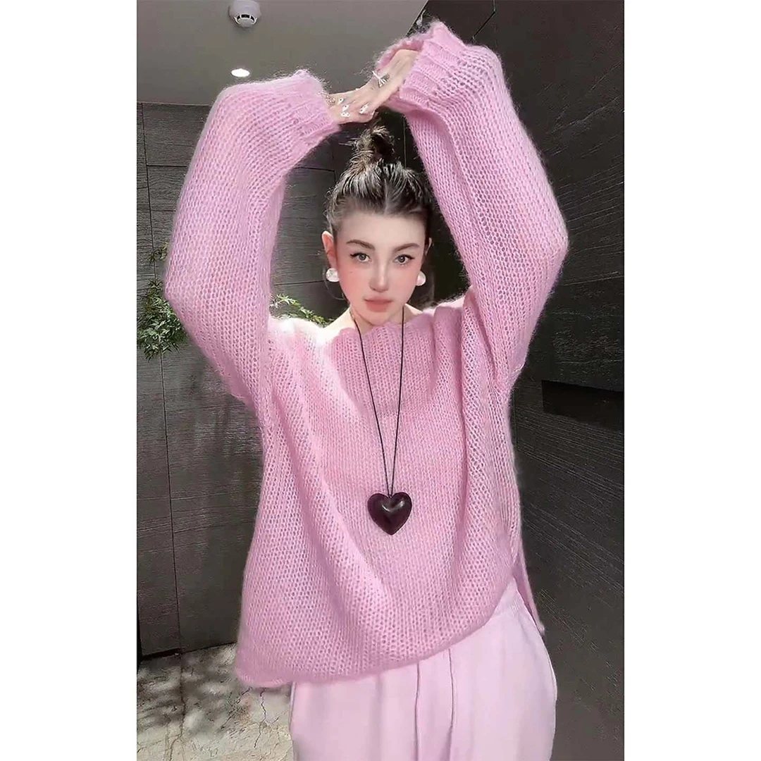 2025秋季高级超好看独特别致绝美软糯慵懒风韩系松弛感粉色毛衣女