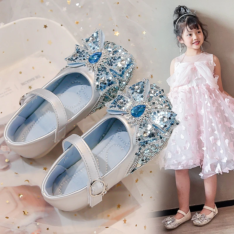 女童小女孩鞋子儿童爱莎公主皮鞋春秋软底新款单鞋、女童水晶礼服