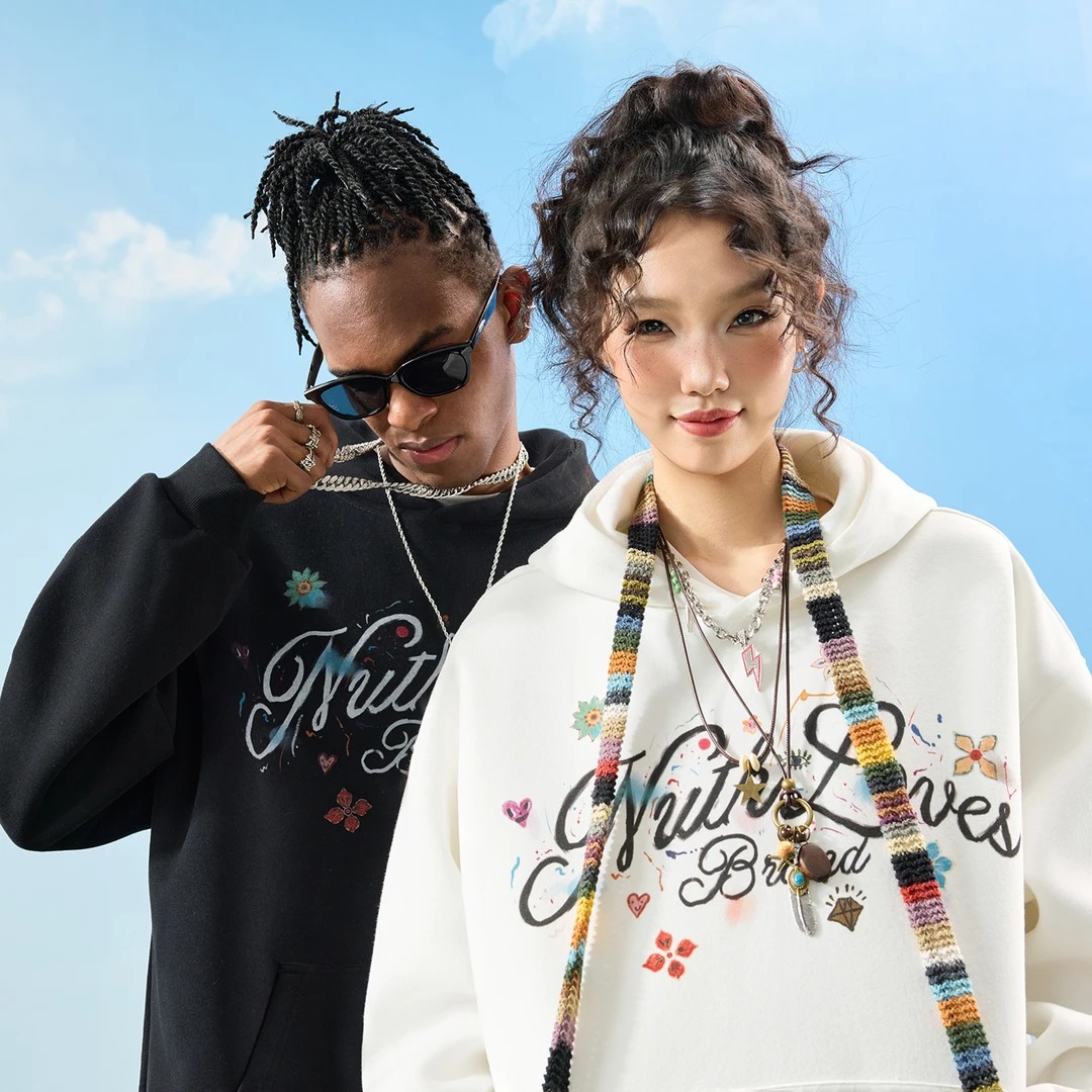 Nuthink美式复古花卉字母连帽卫衣直喷潮牌印花男女2025秋季新款