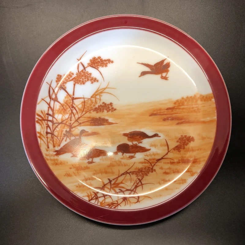 12.21/N400344/00939/矾红鹭雁花鸟壶承/口径16.5/高2.5