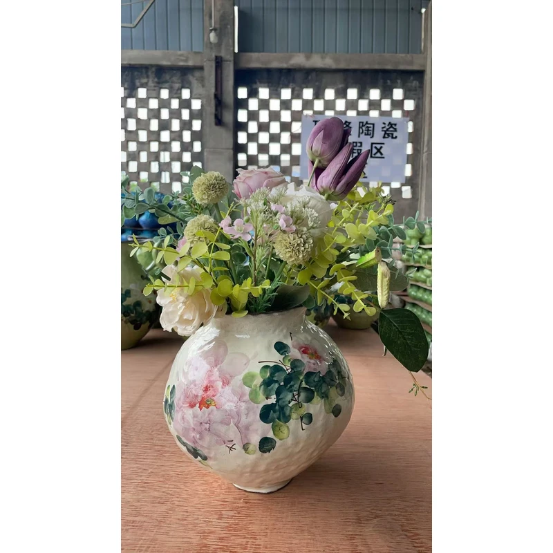 景德镇手作水养鲜花五彩牡丹月亮瓶