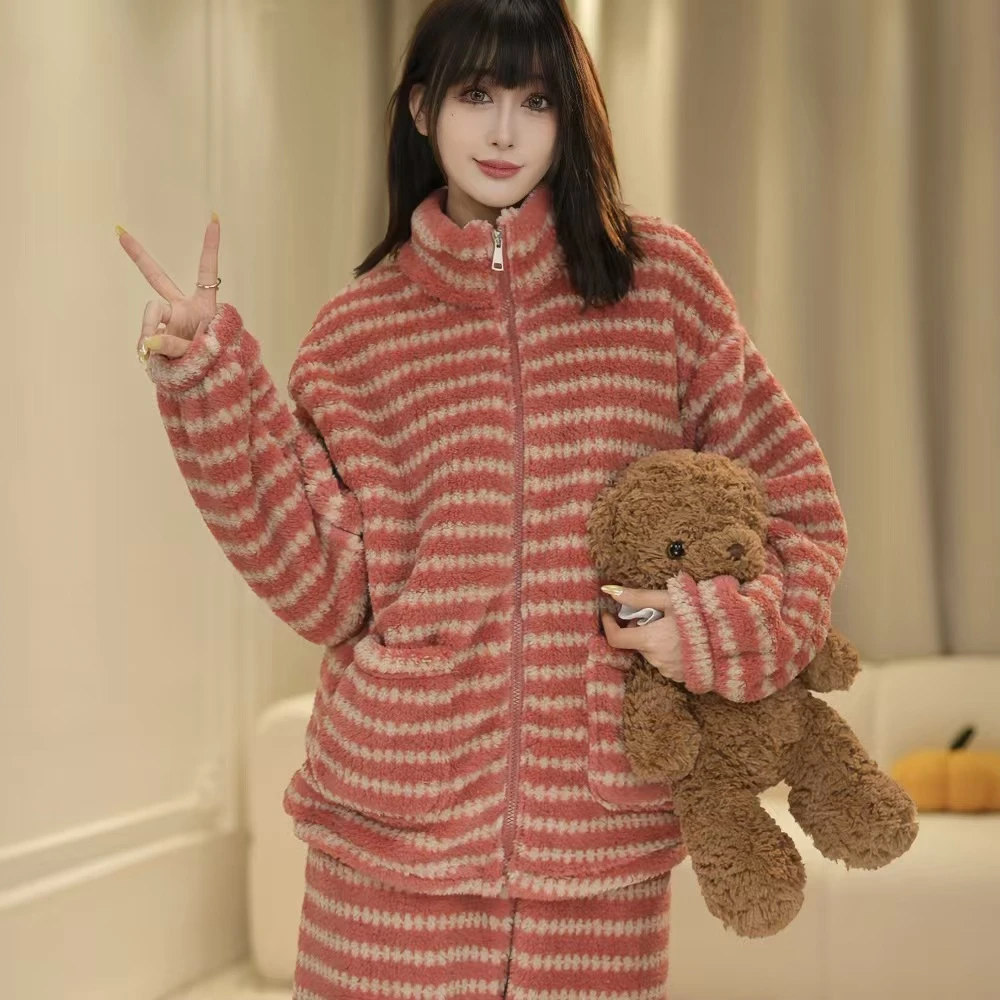 【加厚套装】秋冬季睡衣女加绒加厚男女情侣款居家服套装可外穿1