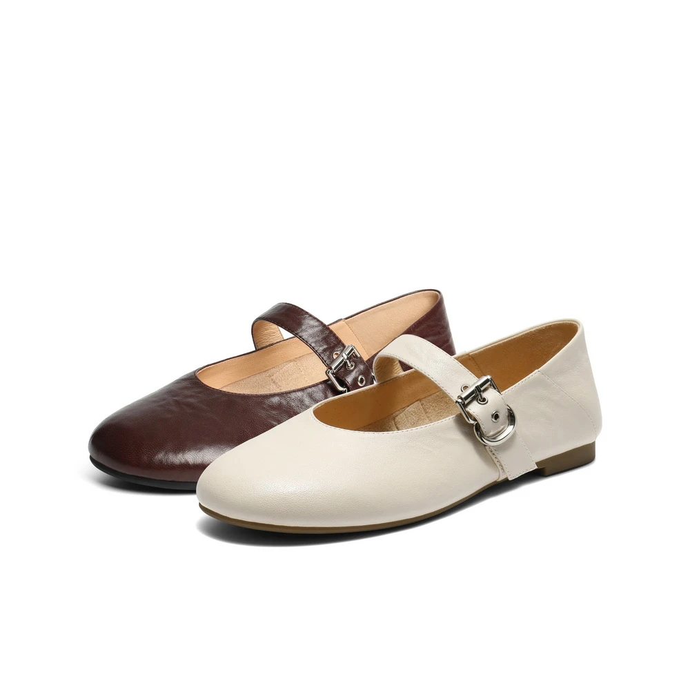 百丽复古褶皱面玛丽珍鞋女2025秋新商场同款真皮舒适单鞋E3U1DCQ5