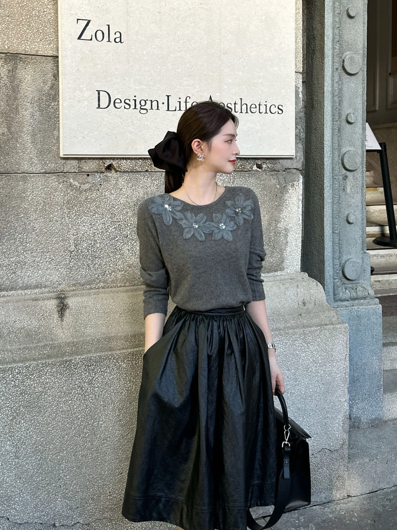 R123298W针织冬季打底衫常规圆领拼接cs慵懒风毛针织衫百搭