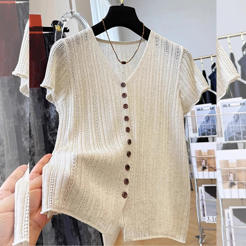 夏季新款法式大码毛针织衫显瘦时尚短袖潮上衣V领镂空减龄高级感