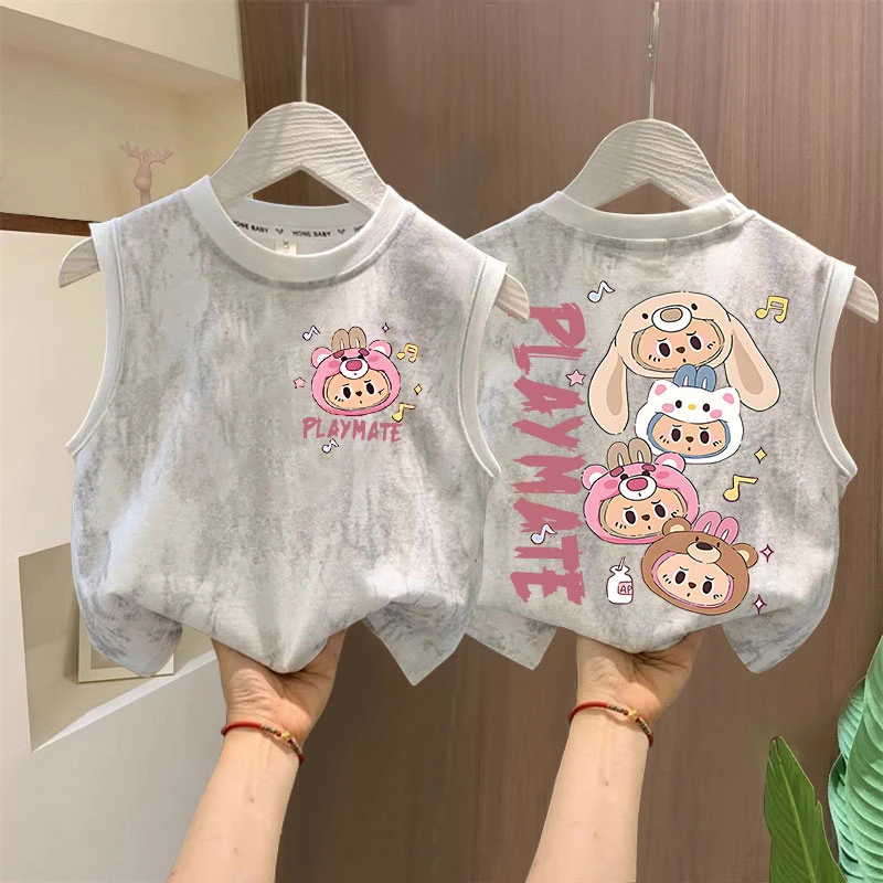 儿童夏季新款儿童宝宝卡通拉布布印花无袖背心中大童洋气扎染上衣