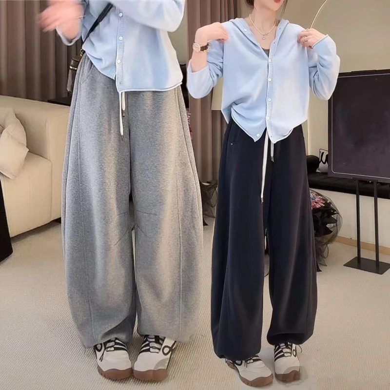 卫裤女秋冬慵懒风拼接休闲垂感阔腿弯刀裤宽松运动抽绳两穿束脚裤