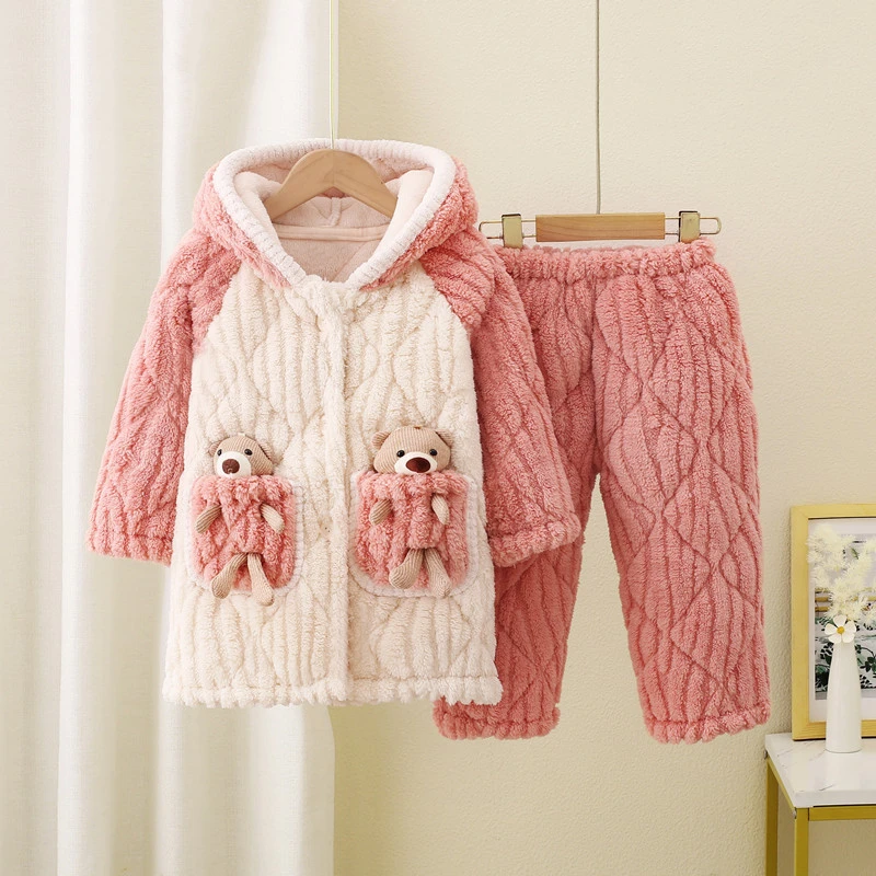 儿童睡衣女童冬季加厚加绒珊瑚绒保暖外穿大童宝宝女孩儿童家居服