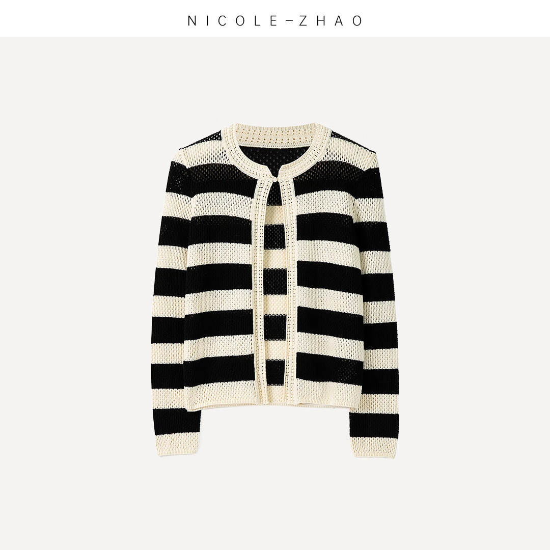 SE3024【贵姐NICOLE】春夏新款时尚百搭镂空条纹针织开衫小香风