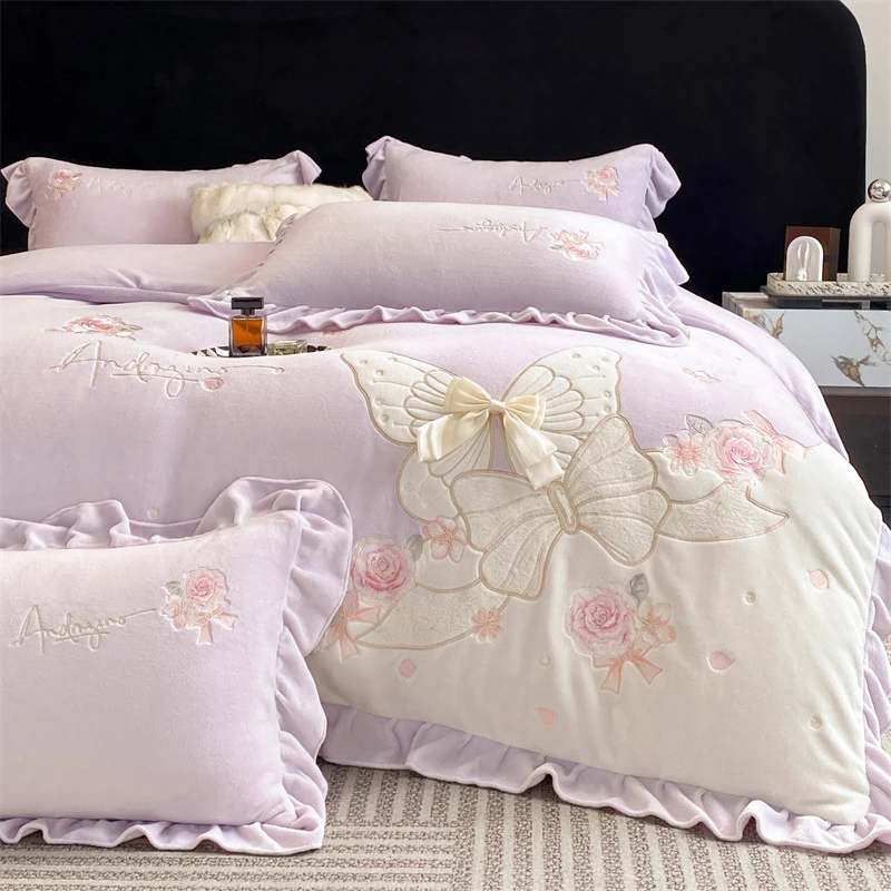 公主风四件套 2025新款A类牛奶绒宝宝绒刺绣韩版四件套浪漫蝴蝶结