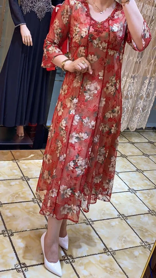 碎花扎染印花高弹力V领连衣裙女装复古长裙气质旗袍