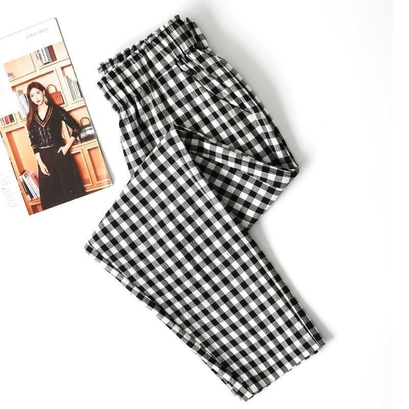 黑白格子裤女夏季薄款裤子高腰小个子八分直筒休闲女裤九分哈伦裤