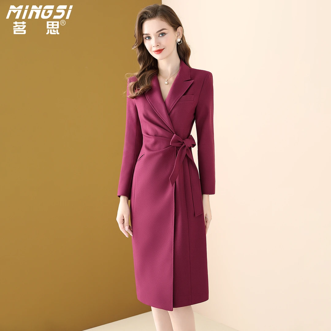 茗思高级职业通勤连衣裙女2025秋冬新款气质褶皱显瘦长袖西装裙子