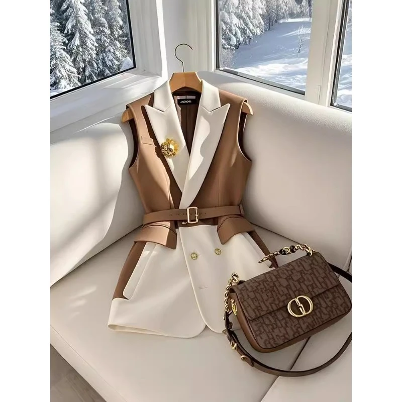0333马甲女款2025新款春季流行爆款小个子超好看咖色拼接西装马夹