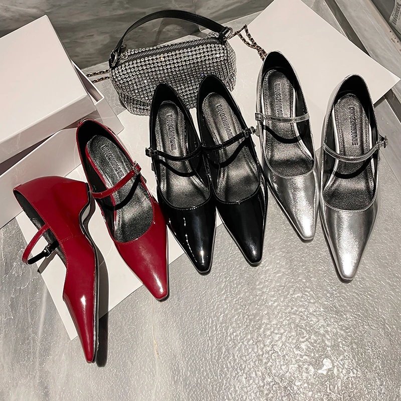 里外真皮5CM/一字带坡跟浅口玛丽珍鞋春气质显瘦尖头单鞋百搭