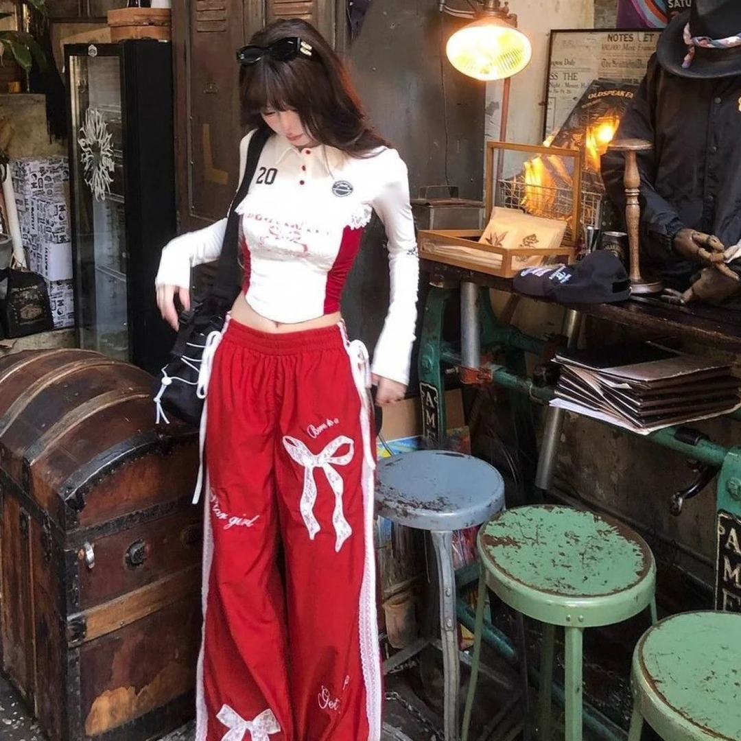 大码胖mm300斤蝴蝶结慵懒蕾丝休闲裤女初秋松紧腰宽松直筒阔腿裤