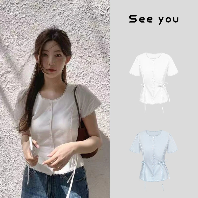 韩代同款ins温柔系蕾丝花边系带收腰短袖蝴蝶结衬衫上衣女X1091