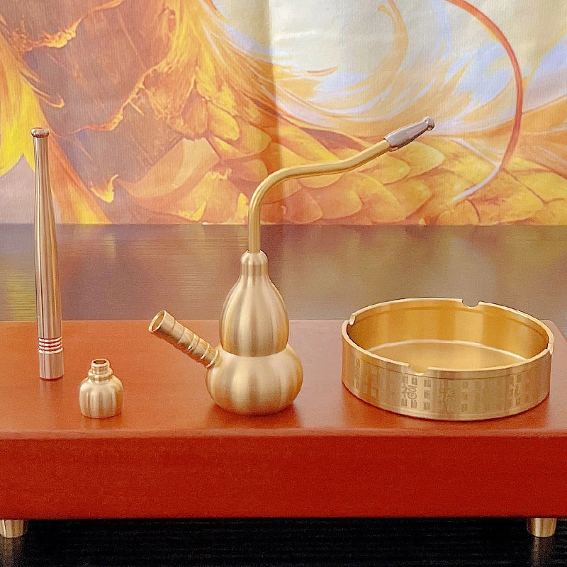 【送烟灰缸+三用杆】黄铜四合一葫芦型创意手把件复古工艺品摆件