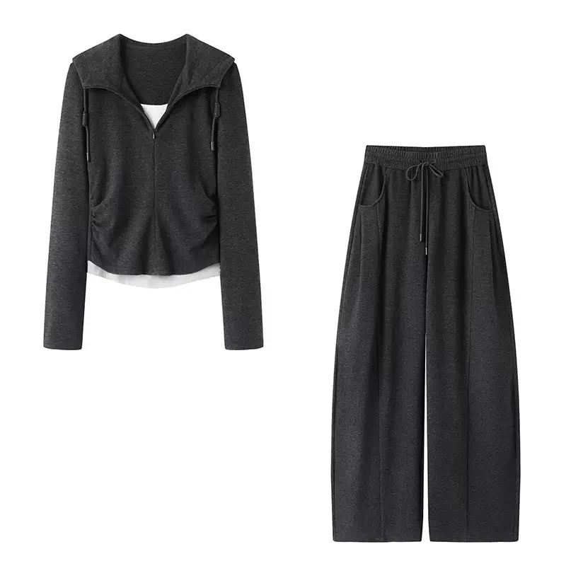 【艾家】同款2025秋冬新款假两件开衫连帽外套女套装裤子两件套4114