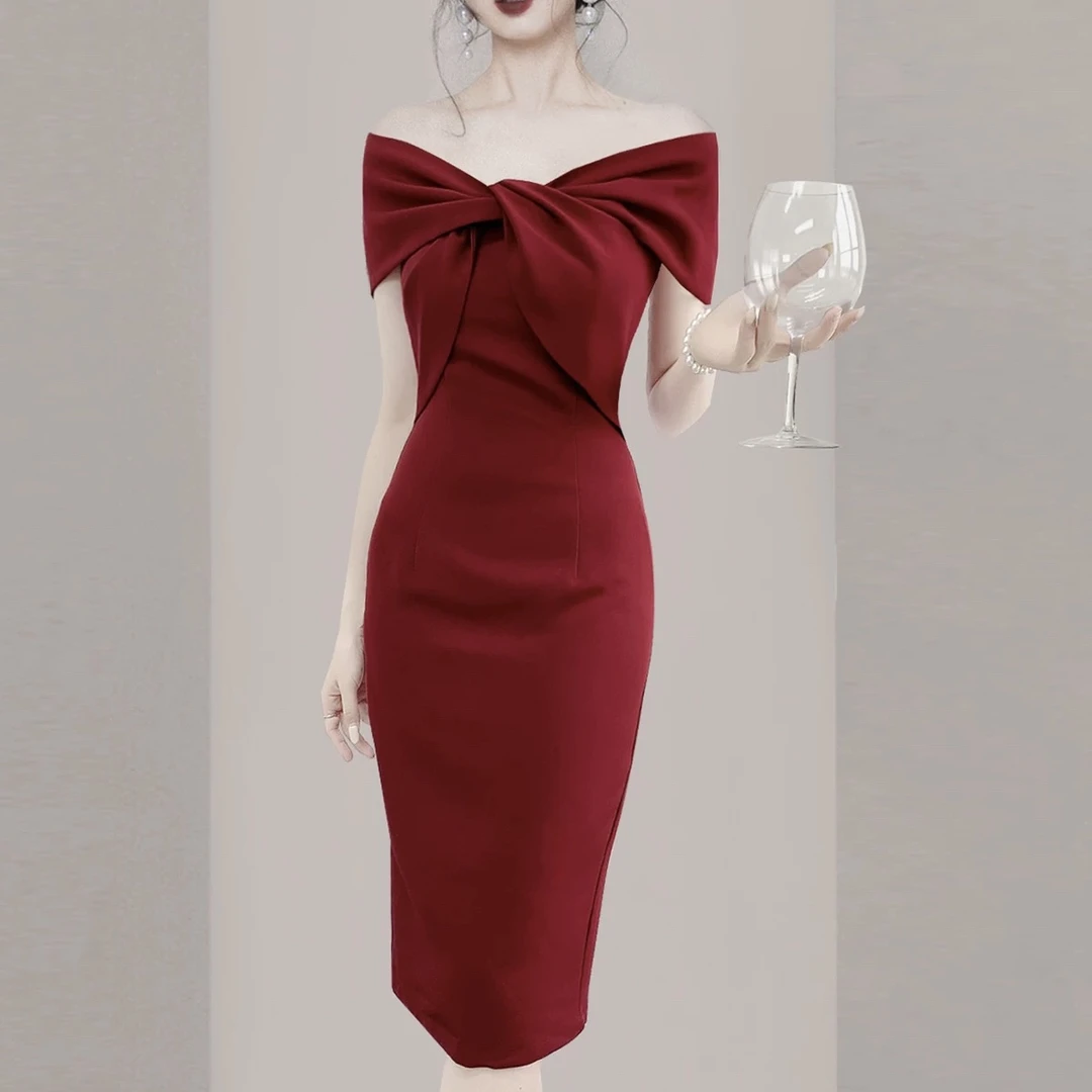名媛端庄大气修身显瘦遮胳膊一字肩红色订婚连衣裙生日聚会晚礼服
