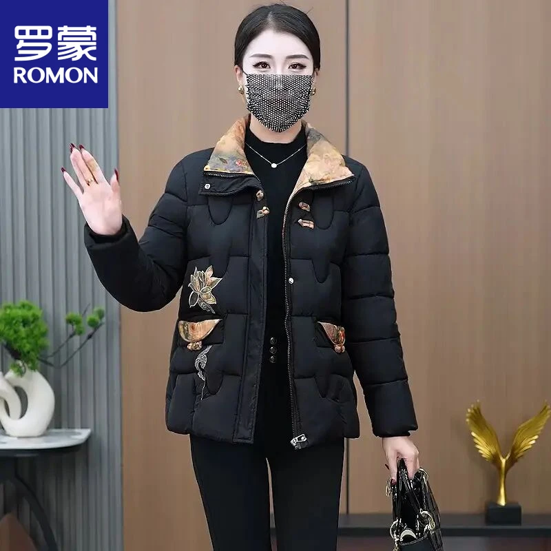 罗蒙2025冬季新款保暖国风盘扣刺绣棉袄加厚中老年妈妈装棉服
