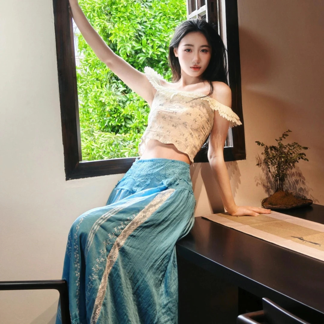 AYXstore现货！水芝-度假碎花花边一字肩上衣+长款轻盈刺绣半身裙