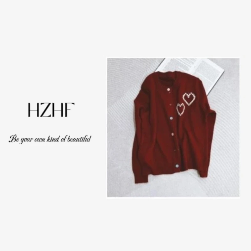 【双爱心】甜美可爱休闲百搭开衫秋冬文艺上衣24202 安哥拉红