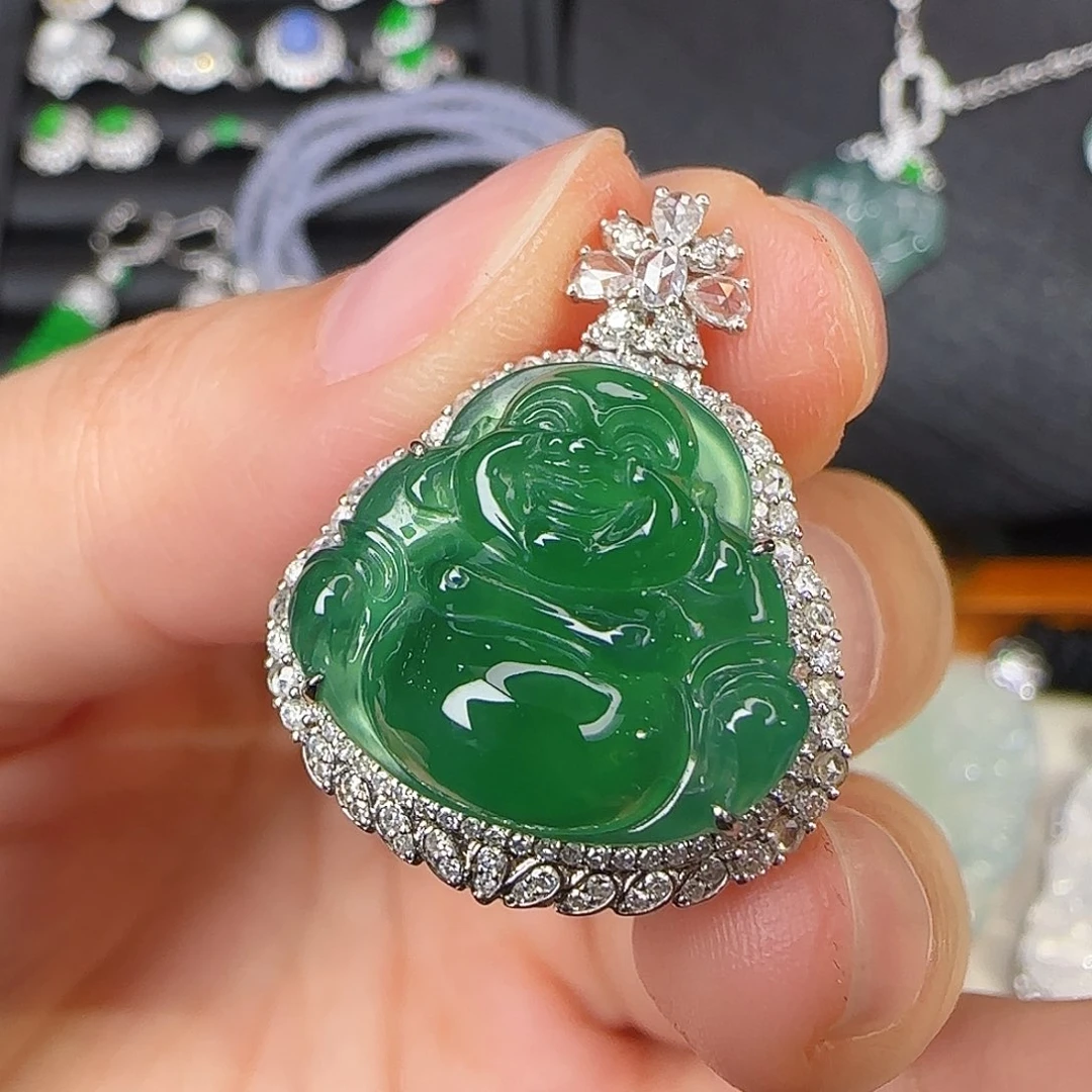 翡翠18K金镶嵌颈饰老坑种老蓝水厚装佛公