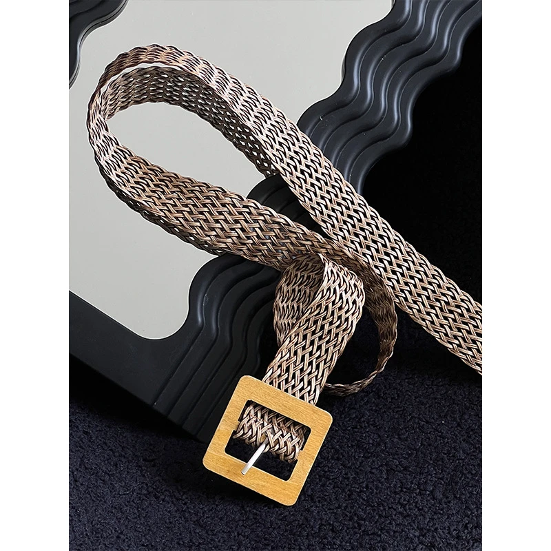 韩系复古手工编织时髦皮带女百搭免打孔针扣皮带简约腰带111