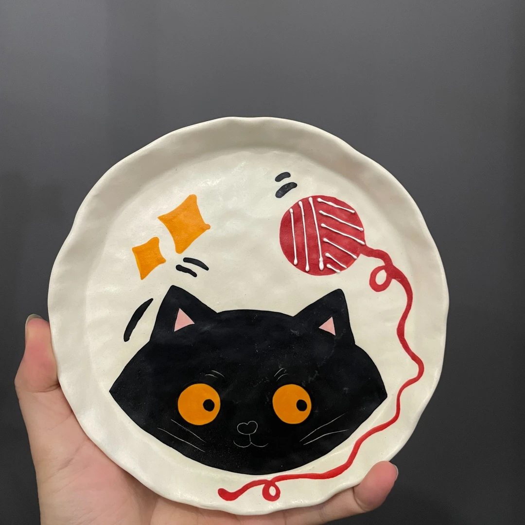 编号141黑猫毛线球碟