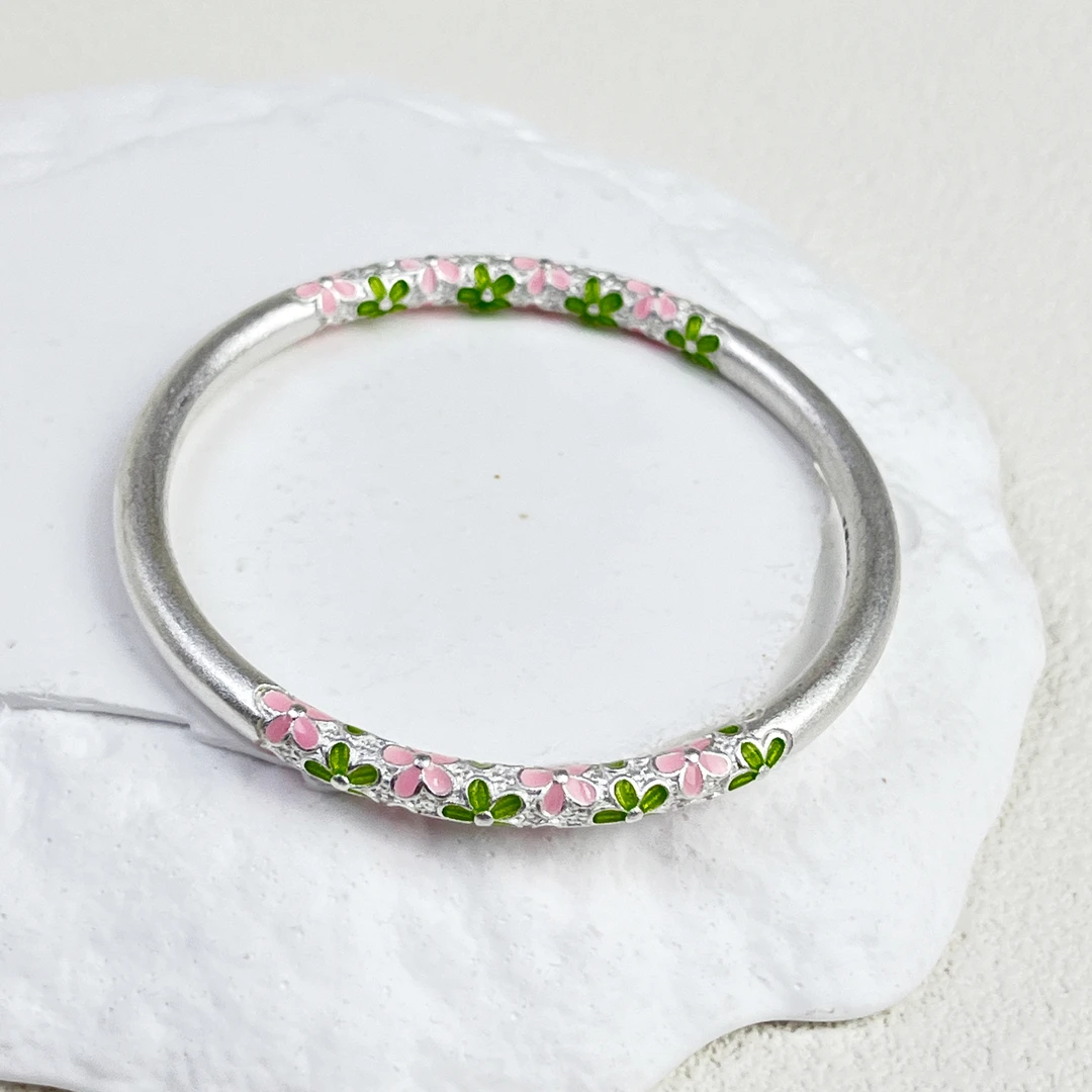 足银手镯 足银999.9 珐琅花花手镯A31