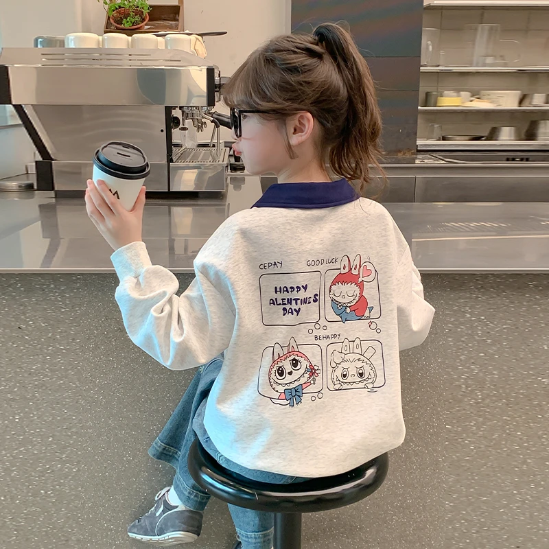 女童卫衣春秋款2025新款洋气儿童秋季卡通翻领上衣中大童女孩秋装