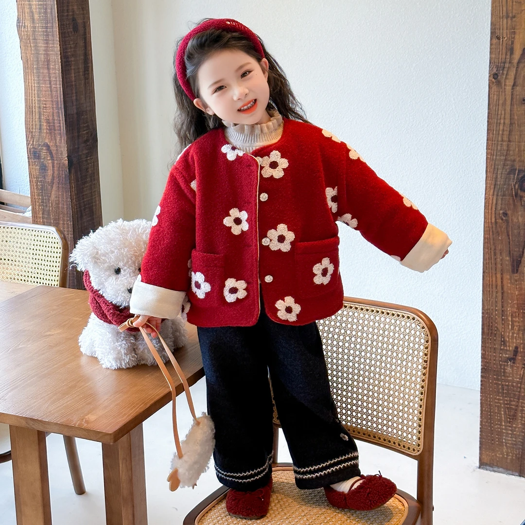 女童花朵夹棉外套秋冬季2025新款洋气儿童甜美时尚加厚冬装毛毛衣