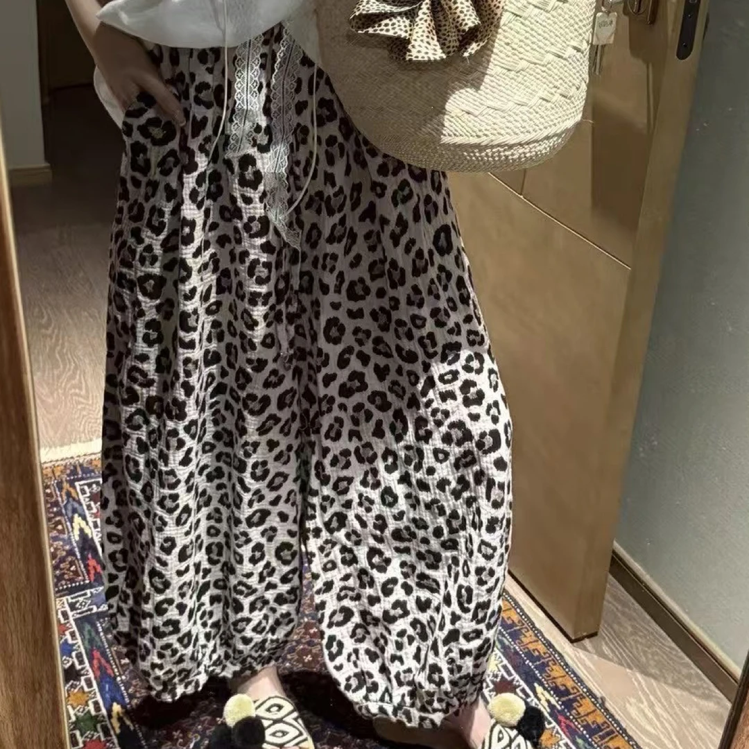 棉纱豹纹九分灯笼裤遮肉显瘦港风时髦洋气休闲透气松紧腰阔腿裤