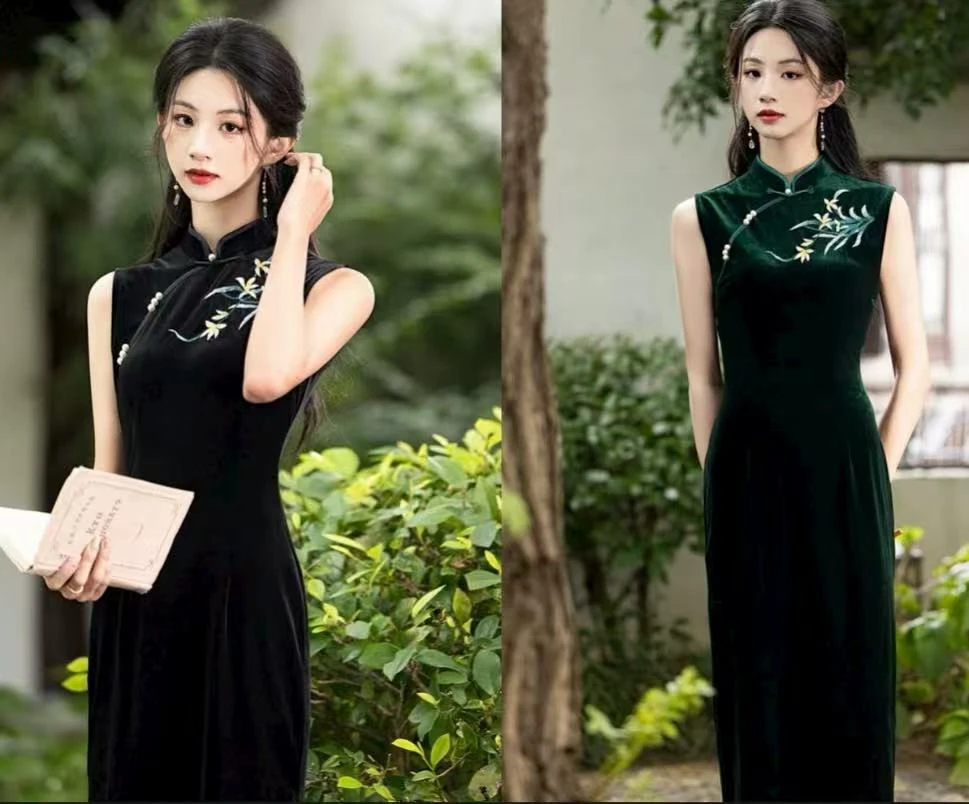 兰无袖旗袍黑色丝绒长款改良新中式国风气质显瘦优雅日常