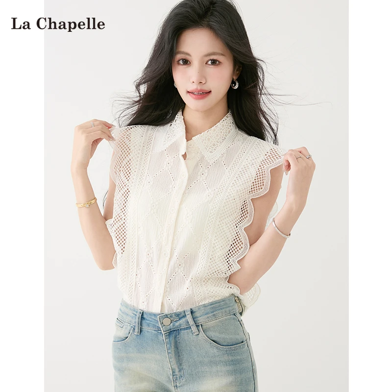拉夏贝尔钩花镂空蕾丝衬衫女2025夏新款法式甜美设计感小飞袖上衣