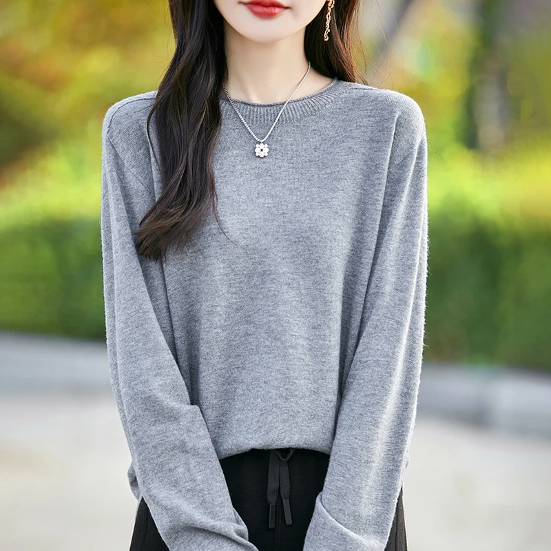 精纺羊毛 圆领羊毛衫女 宽松版 纯色针织羊毛毛衣女