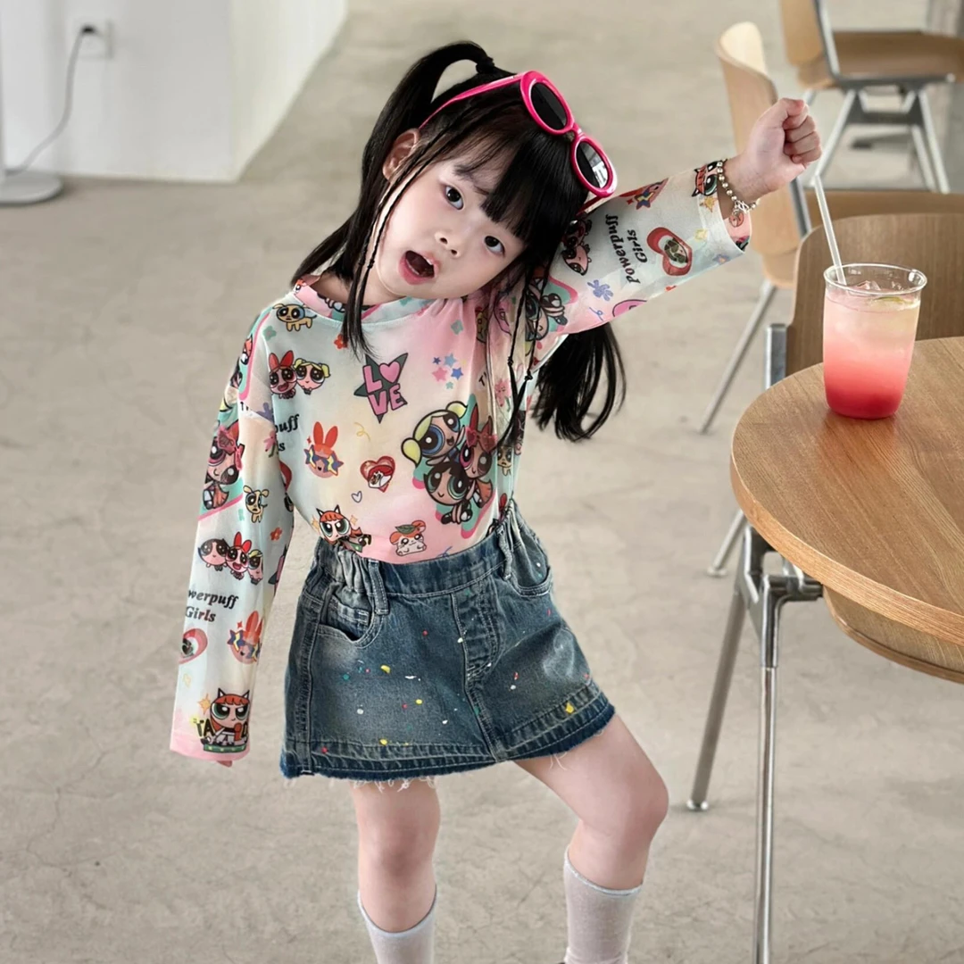 小思家2025年早秋新款女童韩版卡通印花长袖牛仔半身裙套装