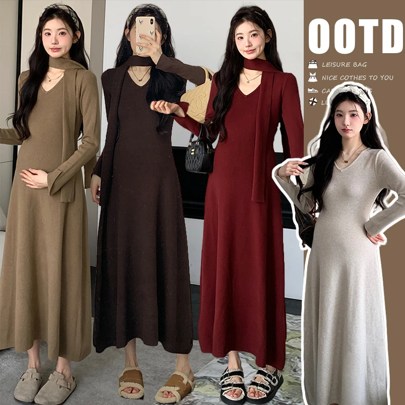 时尚孕妇春秋新品简约针织v领懒人高级感显瘦连衣长裙两件套