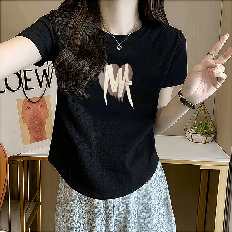 92%棉短袖T恤女夏季正肩大码修身显瘦下摆弧形设计感百搭时尚上衣
