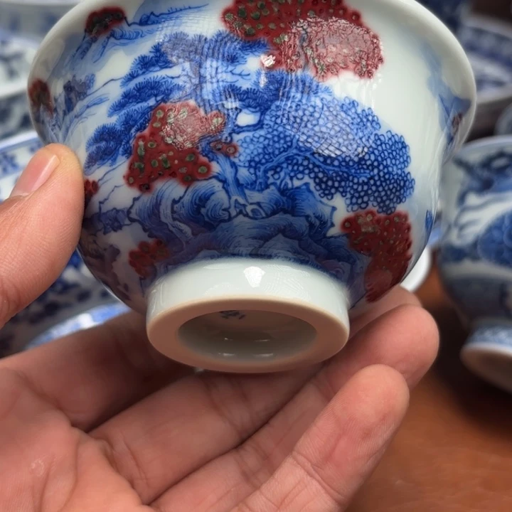 摆件陶微瑕釉里红手绘山水压手杯