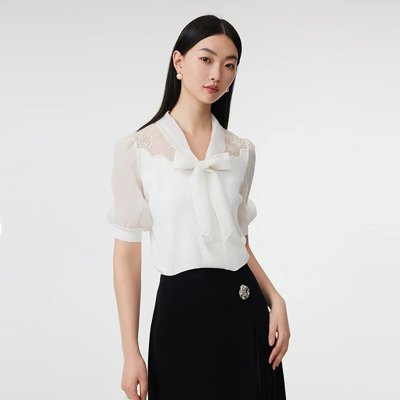 芭蒂娜蝴蝶结飘带领衬衫上衣女白色雪纺衫142Q301下架