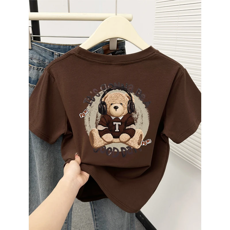 美式棕色圆领小熊前后印花正肩短袖T恤大码女装时尚显瘦半袖上衣